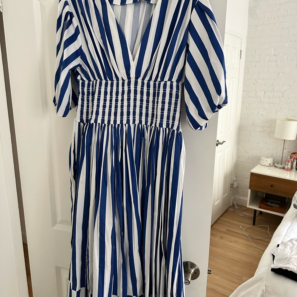 AYR Extra Extra Puff Sleeve Midi Dress in Marais Blue Regatta Stripe Women's L